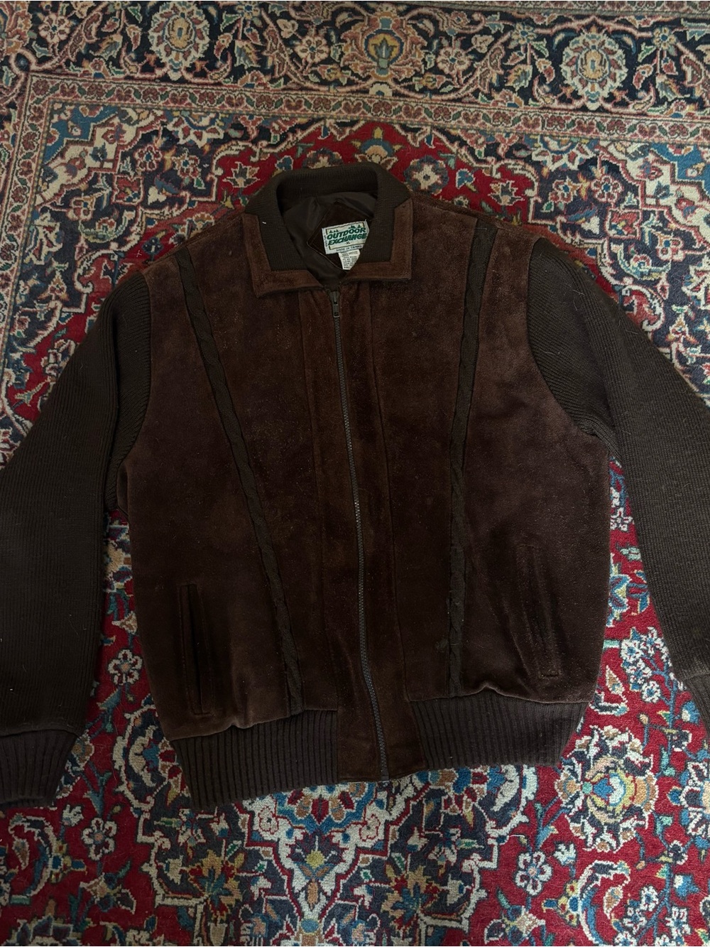 Brown Suede Bomber Jacket with Knit Sleeves - Outdoor Life